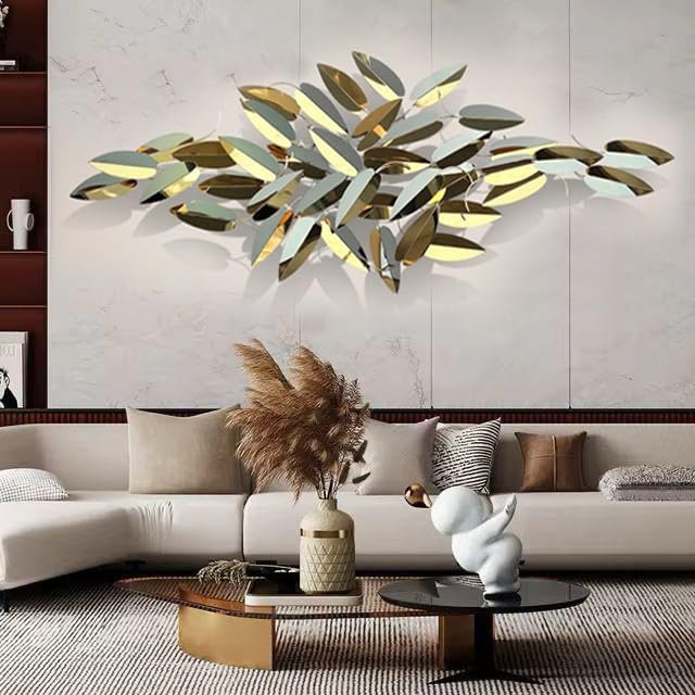 Zove Modern Golden Steel Leaf Sculpture Wall Decor For Living Room Metal Wall Decor For Bedroom, Drawing Room, Hotel, Restaurant